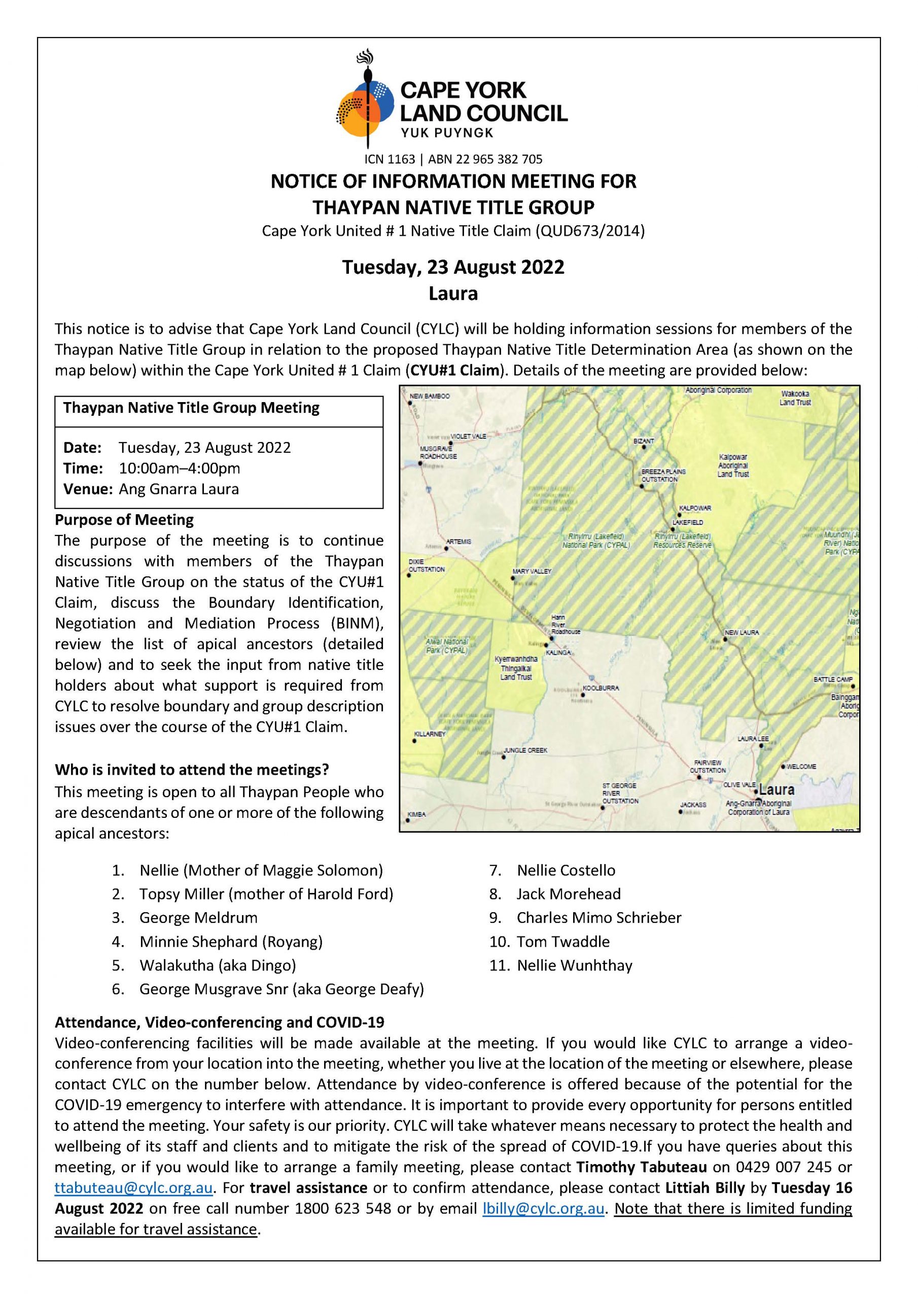 NOTICE OF INFORMATION MEETING FOR THAYPAN NATIVE TITLE GROUP – Cape ...